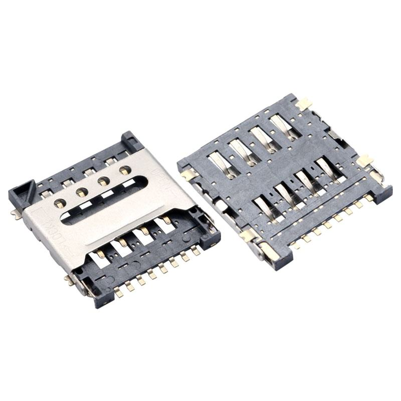 Micro SIMカードソケット 8ピン H1.5 フリップタイプ メスコネクタ SUSシェル 銅合金