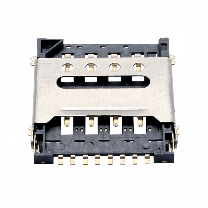 Micro SIMカードソケット 8ピン H1.5 フリップタイプ メスコネクタ SUSシェル 銅合金